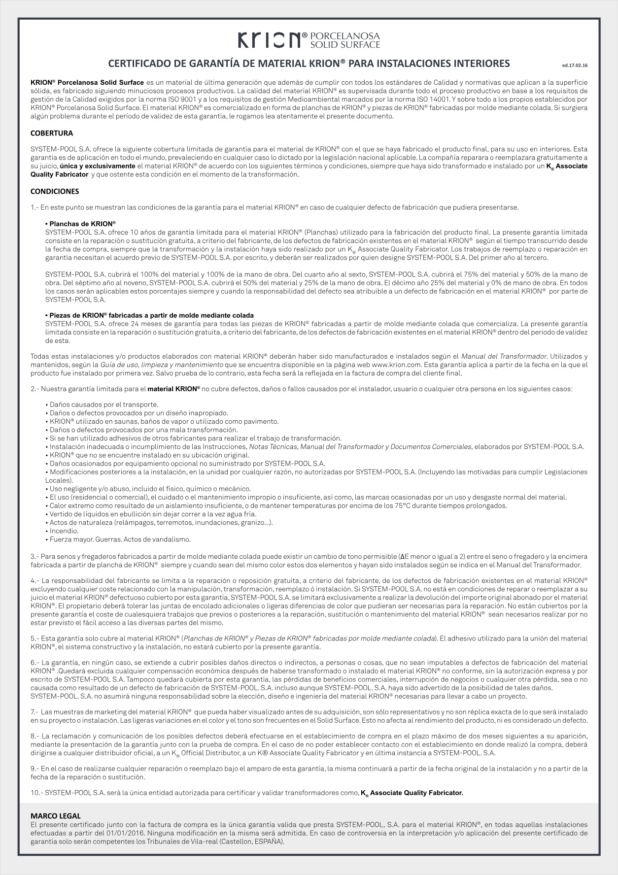 Certificado de garantía de material Krion
