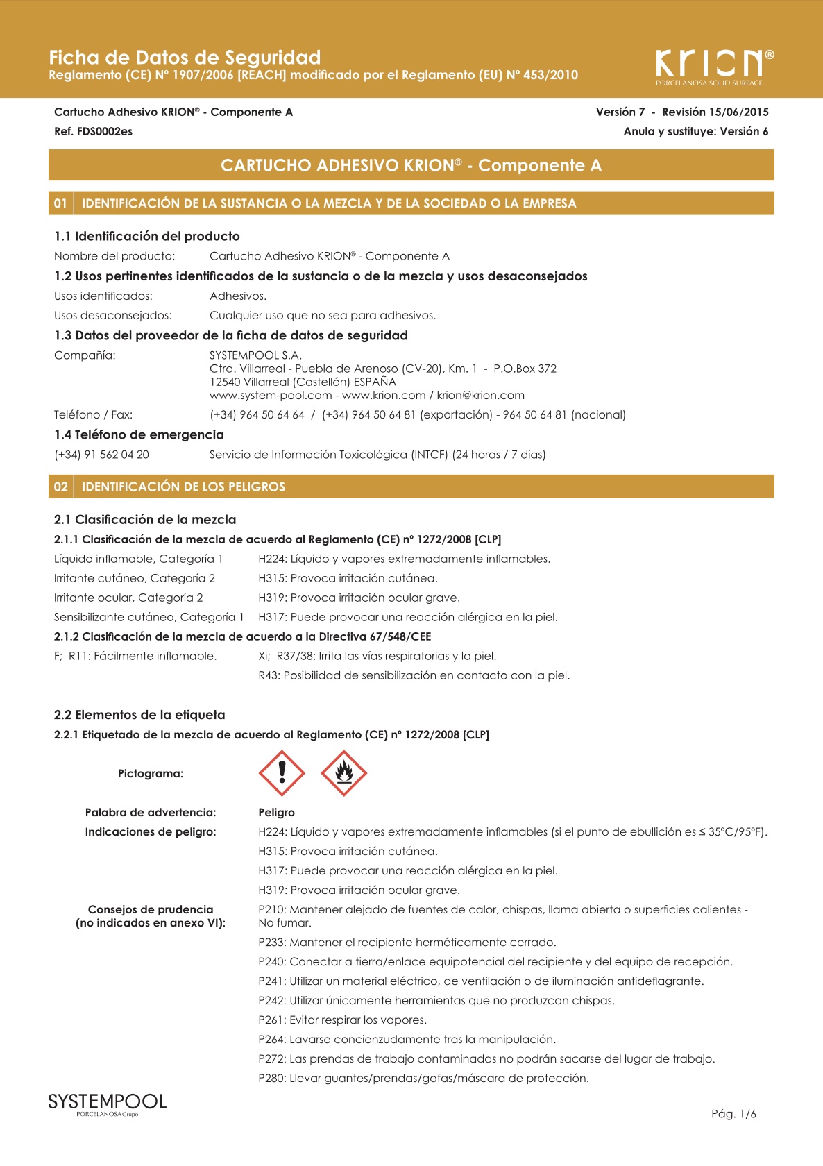 Datos de seguridad de cartucho adhesivo A de Krion