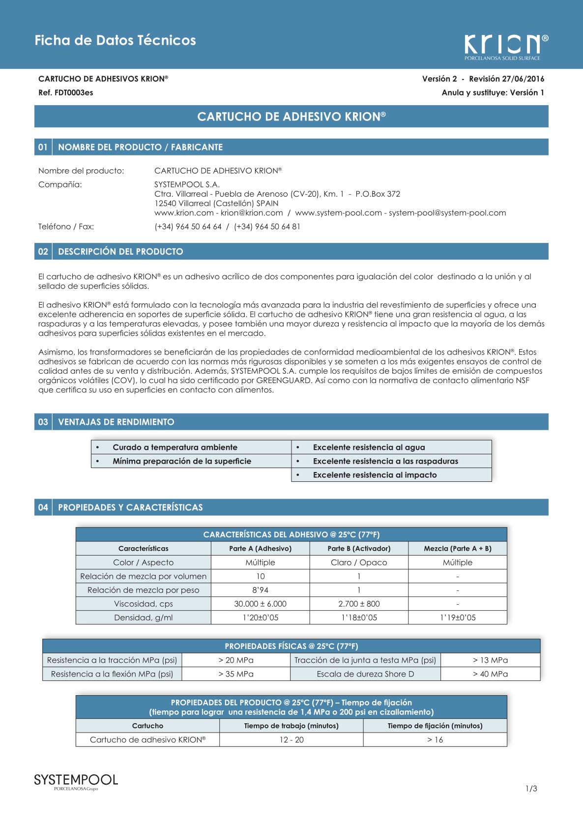 Datos de técnicos de cartucho adhesivo de Krion