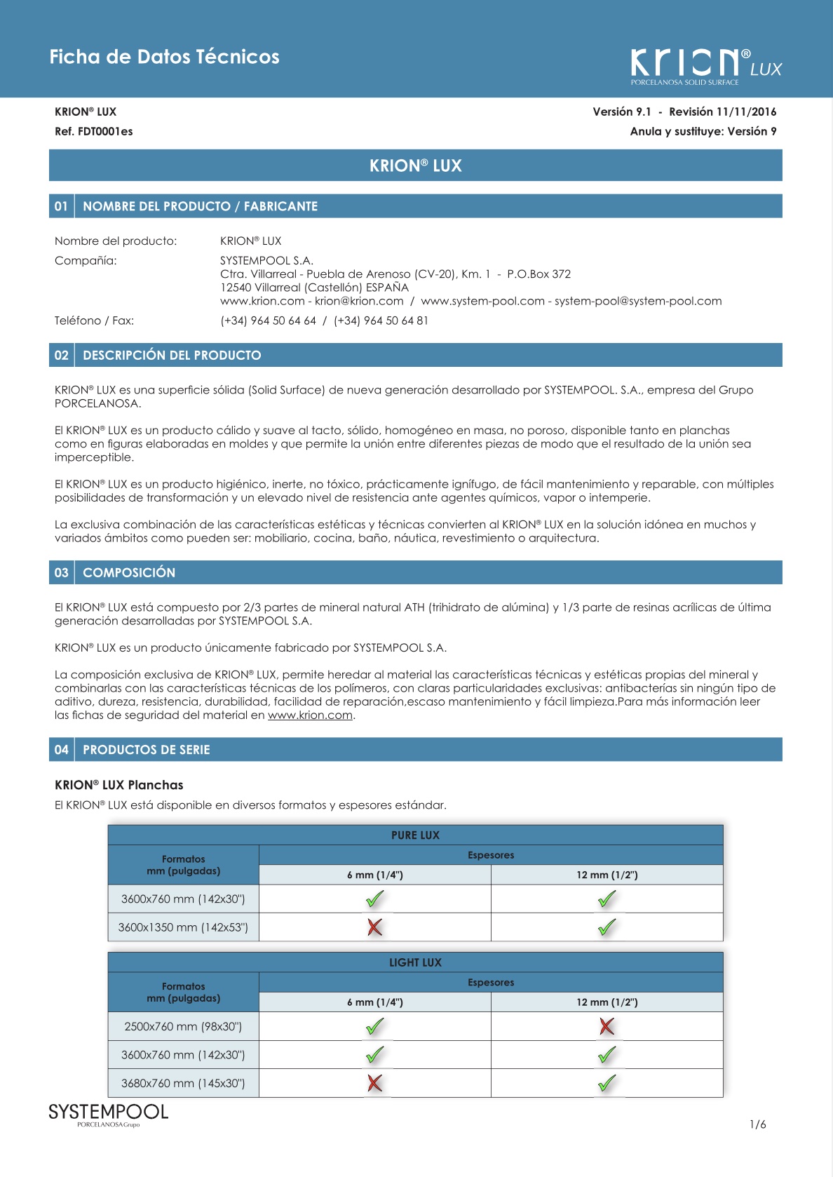Ficha de datos técnicos de Krion Lux